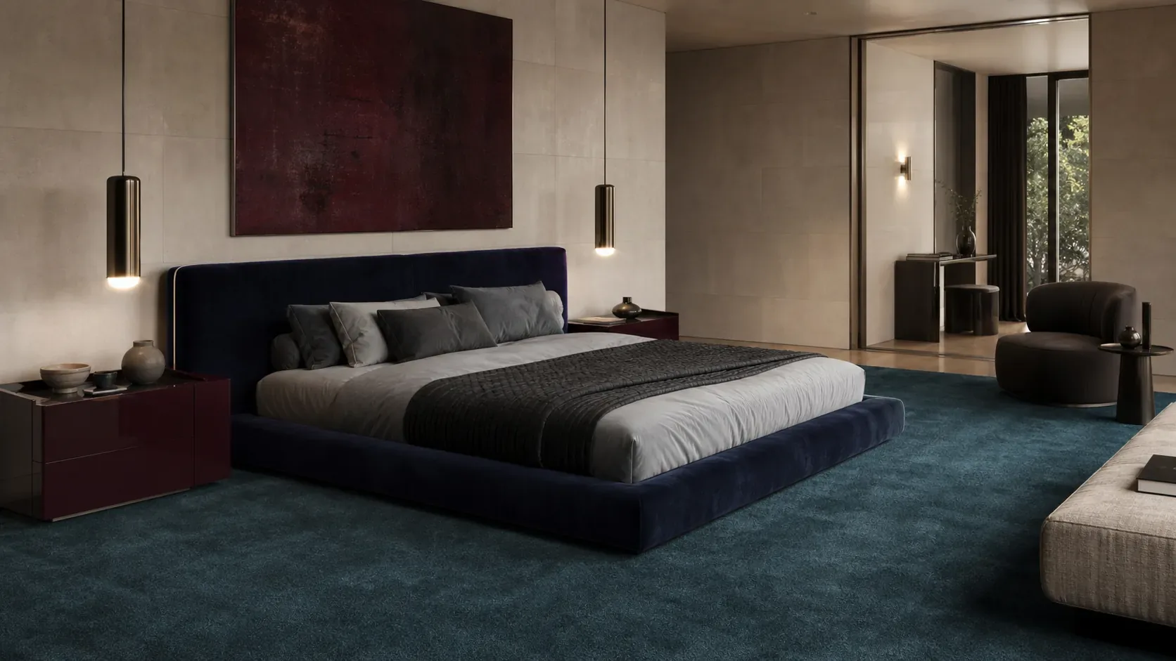 A deep teal MAJLIS rug in a bedroom