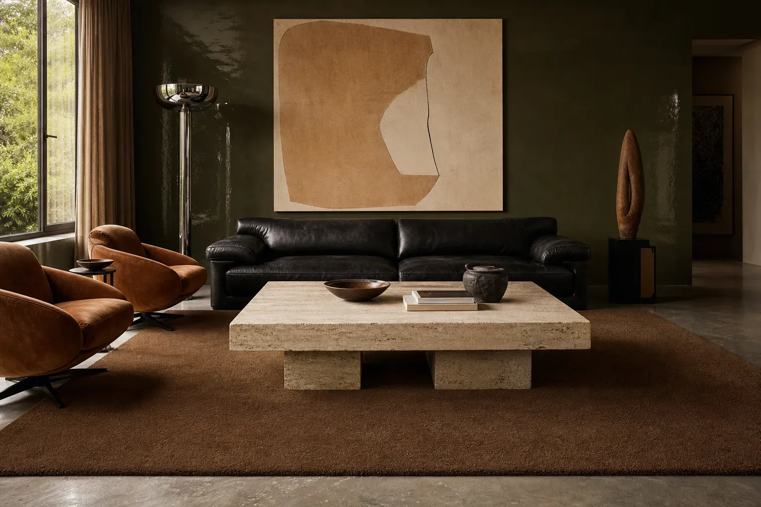 The Intense rug in Saddle, shown in a New York room