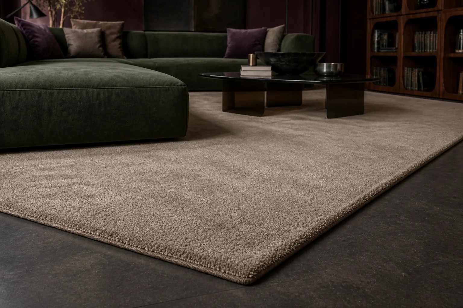 A cashmere-toned MAJLIS rug showing a close surface beneath lounge furniture.