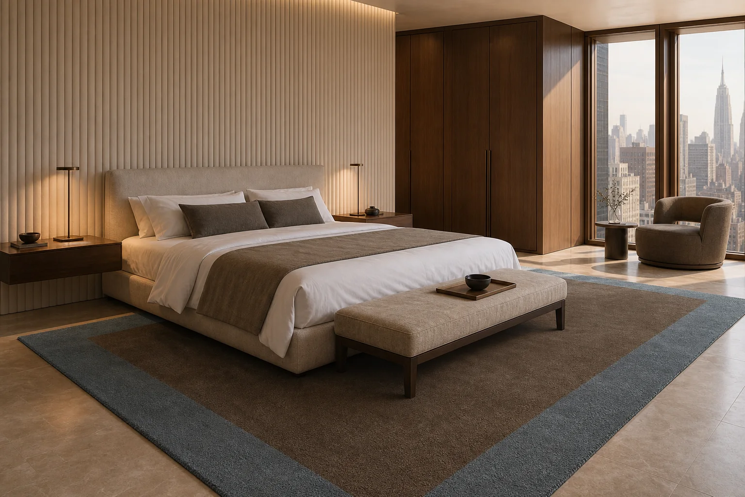 A New York bedroom with a low upholstered bed and bench on a MAJLIS rug with a deep brown center and a wide slate blue border, city skyline in the window.