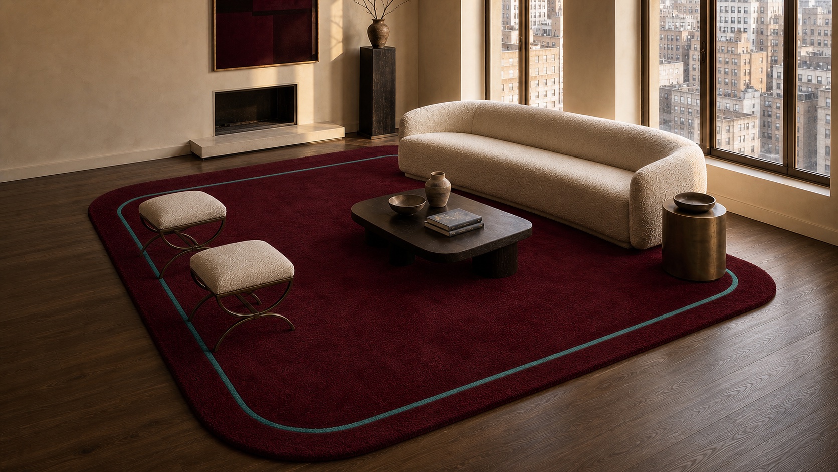 Overhead view of a MAJLIS framed rug in a furnished room, useful for development and renovation planning.